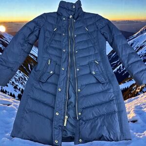 Michael Kors Women’s Packable Down Puffer Coat Navy Gold Zip Small S Winter Luxe